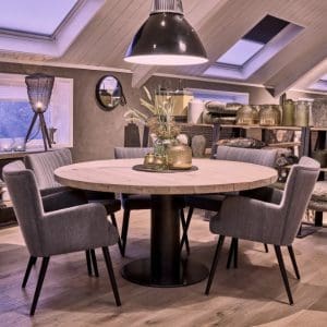 Eiken eettafel rond met stalen buis poot
