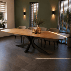 Eiken eettafel Deens ovaal met stalen 3D spin Eclipse