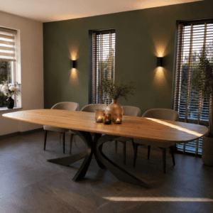Eiken eettafel Deens ovaal met stalen 3D spin poot Eclipse